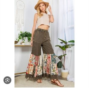 2X Bohemian Floral Patchwork Wide Leg Pants
